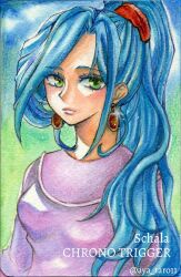 Rule 34 | 1girl, aya taro11, blue hair, character name, chrono trigger, colored eyelashes, dress, earrings, english text, expressionless, eyelashes, gradient background, green eyes, highres, jewelry, long hair, looking at viewer, ponytail, purple dress, schala zeal, simple background, solo, twitter username, upper body, wavy hair