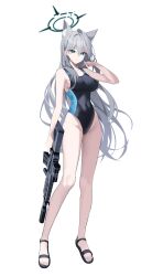 Rule 34 | 1girl, absurdres, alternate costume, animal ears, assault rifle, bare legs, bare shoulders, blue archive, blue eyes, breasts, broken halo, competition swimsuit, cosplay, covered navel, diamond-shaped pupils, diamond (shape), expressionless, full body, grey hair, groin, gun, hair between eyes, halo, hand up, highres, holding, holding gun, holding weapon, legs, long hair, looking at viewer, medium breasts, mismatched pupils, nagul, one-piece swimsuit, parted lips, rifle, sandals, shiroko (blue archive), shiroko (blue archive) (cosplay), shiroko (swimsuit) (blue archive), shiroko terror (blue archive), sig sauer 556, simple background, slit pupils, solo, staring, swimsuit, symbol-shaped pupils, very long hair, weapon, white background