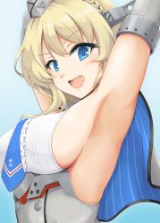Rule 34 | 1girl, armpits, blonde hair, blue background, blue eyes, blue neckwear, braid, breasts, capelet, colorado (kancolle), corset, dress, elbow gloves, french braid, from side, garrison cap, gloves, grey dress, grey gloves, hair between eyes, hat, headgear, highres, kantai collection, large breasts, looking at viewer, mmt uf, open mouth, short hair, sideboob, simple background, sleeveless, sleeveless dress, solo, upper body, white dress