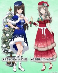 Rule 34 | 2girls, belt, beret, black belt, black eyes, black hair, blue capelet, blue headwear, boko (girls und panzer), boots, bow, brown eyes, brown hair, candle, candlestand, capelet, character name, choker, christmas, christmas tree, closed mouth, commentary request, cross-laced footwear, dress, flower, fur-trimmed capelet, fur-trimmed dress, fur-trimmed gloves, fur trim, garland (decoration), girls und panzer, girls und panzer senshadou daisakusen!, gloves, green background, green bow, hair ornament, hair ribbon, half-closed eyes, hand on own hip, hand on own chest, hat, hat flower, holding, jewelry, lace-up boots, long dress, long hair, looking at viewer, low-tied long hair, mature male, medium dress, multiple girls, necklace, nishizumi shiho, off-shoulder dress, off shoulder, official alternate costume, official art, print dress, red dress, red footwear, red gloves, red headwear, red ribbon, ribbon, sash, shimada chiyo, shoes, short sleeves, skirt hold, smile, spaghetti strap, standing, star ornament, tilted headwear, translated, watermark, white bow, white choker, white footwear, white sash