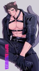 Rule 34 | 1boy, alternate costume, alternate facial hair, animal ears, bara, bare pectorals, belt, black belt, black footwear, black pants, black shirt, blush, brown hair, buttoned cuffs, buttons, cat boy, cat ears, cat tail, chest harness, collared shirt, commentary, cropped jacket, diamond button, doku (hitori ox), fang, foot out of frame, glint, gloves, happy halloween, harness, highres, kemonomimi mode, large pectorals, latex, leg belt, looking at viewer, male focus, muscular, muscular male, mutton chops, o-ring, o-ring top, open clothes, open shirt, pants, pectorals, protagonist 3 (housamo), sanpaku, shirt, short hair, sitting, solo, symbol-only commentary, tail, thick eyebrows, tokyo houkago summoners, tongue, tongue out