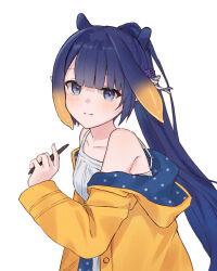 Rule 34 | 1girl, aoki chiaki, bare shoulders, black hair, blue coat, blunt bangs, blush, closed mouth, coat, commentary, dated commentary, dress, english commentary, flower, from side, gradient hair, grey eyes, hair flower, hair ornament, high ponytail, highres, holding, holding stylus, hololive, hololive english, long hair, long sleeves, looking at viewer, multicolored hair, ninomae ina&#039;nis, official alternate costume, official alternate hairstyle, orange hair, ponytail, raincoat, sidelocks, simple background, smile, solo, spaghetti strap, stylus, sundress, tentacle hair, two-sided coat, two-sided fabric, very long hair, violet (flower), violet (ninomae ina&#039;nis), virtual youtuber, white background, white dress, yellow coat
