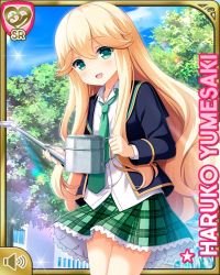 Rule 34 | 1girl, blazer, blonde hair, blue jacket, character name, day, girlfriend (kari), green eyes, green skirt, jacket, long hair, official art, open mouth, outdoors, plaid, plaid skirt, plant, pleated skirt, potted plant, qp:flapper, rainboots, school uniform, shirt, skirt, smile, tagme, watering, watering can, white shirt, yumesaki haruko