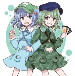 Rule 34 | 2girls, blue eyes, blue hair, camouflage, camouflage, camouflage shirt, camouflage skirt, card, green eyes, green hair, hair bobbles, hair ornament, holding, holding card, kawashiro nitori, key, multiple girls, shirt, short hair, short twintails, skirt, smile, smirk, touhou, twintails, two side up, unconnected marketeers, ximsol182, yamashiro takane