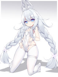 Rule 34 | 1girl, absurdres, animal ear fluff, animal ears, azur lane, blue eyes, braid, breasts, covered navel, groin, hairband, hands on own stomach, highleg, highleg leotard, highres, kneeling, le malin (azur lane), le malin (listless lapin) (azur lane), legs apart, leotard, long hair, official alternate costume, rabbit ears, rx7649, shoes, silver hair, small breasts, solo, thigh strap, thighhighs, thighs, twin braids, twintails, very long hair, white footwear, white leotard, white thighhighs