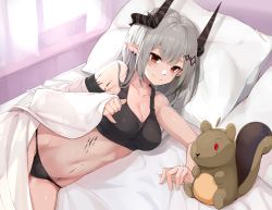 Rule 34 | 1girl, arknights, bare shoulders, bed, black panties, breasts, cleavage, commentary request, commission, crop top, highres, horns, idashige (walkietalkie), long hair, looking at viewer, lying, material growth, medium breasts, midriff, mudrock (arknights), on side, oripathy lesion (arknights), panties, partial commentary, pillow, pixiv commission, pointy ears, red eyes, silver hair, smile, solo, sports bra, standing, stuffed squirrel, underwear
