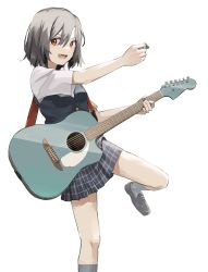 Rule 34 | 1girl, absurdres, bad id, bad pixiv id, black skirt, black vest, brown footwear, commentary request, fang, grey hair, grey socks, guitar, highres, holding, holding instrument, holding plectrum, instrument, irenji, loafers, looking at viewer, love live!, love live! nijigasaki high school idol club, mifune shioriko, open mouth, plaid, plaid skirt, pleated skirt, plectrum, red eyes, school uniform, shirt, shoes, short hair, short sleeves, simple background, skirt, smile, socks, solo, standing, standing on one leg, vest, white background, white shirt