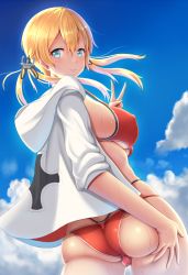 Rule 34 | 10s, 1girl, adapted costume, anchor hair ornament, ass, bikini, blonde hair, blue eyes, blush, breasts, cameltoe, cloud, covered erect nipples, cowboy shot, cross, day, from below, hair ornament, hood, hoodie, iron cross, kantai collection, large breasts, layered bikini, long hair, ocean, outdoors, parted lips, prinz eugen (kancolle), skindentation, sky, solo, swimsuit, trefoil, twintails, underboob, v, zukky