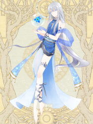Rule 34 | 1boy, androgynous, armlet, barefoot, belly chain, blue eyes, blue flower, blue robe, blue sash, blue shawl, bubble, colored eyelashes, cupping hands, dairoku ryouhei, dot mouth, earrings, expressionless, flower, full body, grey hair, grey ribbon, hair between eyes, halterneck, jewelry, l (matador), leg ribbon, liquid hair, long hair, looking at viewer, male focus, own hands together, pendant, ribbon, robe, sash, see-through, see-through shawl, shawl, side slit, sleeveless, solo, starry sky print, thetis castalia, thighlet, very long hair, yellow background