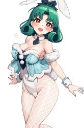 Rule 34 | 1girl, absurdres, animal ears, arm warmers, bare shoulders, bicute bunnies miku, blush, breasts, cleavage, cosplay, covered navel, detached collar, feet out of frame, fingernails, fishnet pantyhose, fishnets, fur-trimmed arm warmers, fur trim, green hair, groin, hatsune miku, hatsune miku (cosplay), highres, idolmaster, idolmaster million live!, leotard, looking at viewer, medium breasts, nail polish, necktie, pantyhose, playboy bunny, rabbit ears, rabbit tail, ransol, short necktie, simple background, smile, solo, tail, tokugawa matsuri, vocaloid, white background, white leotard, white pantyhose, wrist cuffs