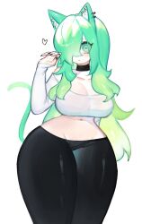 Rule 34 | animal ears, black nails, breasts, cat ears, cat girl, cat tail, choker, cleavage, colored skin, ear piercing, green eyes, green hair, heart, highres, large breasts, lime (togetoge), looking at viewer, midriff, navel, off shoulder, original, pants, piercing, tail, thick thighs, thighs, togetoge, white skin, wide hips