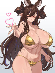 Rule 34 | 1girl, animal ears, bare shoulders, bikini, black hair, blowing kiss, blush, breasts, brown hair, cleavage, closed eyes, collarbone, cowboy shot, curvy, draph, galleon (granblue fantasy), gold bikini, golden week, gradient background, granblue fantasy, grey background, groin, heart, highres, horns, huge breasts, lancer24, long hair, looking at viewer, micro bikini, navel, shiny clothes, shiny swimsuit, simple background, skindentation, solo, standing, stomach, string bikini, swimsuit, very long hair, white background, yellow bikini