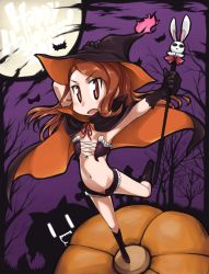 Rule 34 | 10s, 1girl, bat (animal), boots, brown eyes, brown hair, cape, fang, flat chest, frills, gloves, halloween, hand on headwear, hand on own head, hat, idolmaster, idolmaster (classic), idolmaster 2, long hair, minase iori, moon, navel, open mouth, perspective, pumpkin, rabbit, short shorts, shorts, solo, standing, standing on one leg, ttomm, wand, witch hat
