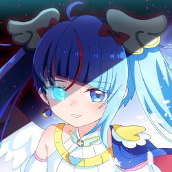 Rule 34 | 1girl, absurdres, ahoge, black wings, blue cape, blue eyes, blue hair, brooch, cape, closed mouth, commentary, cure sky, cut bangs, cure sky (dark), dark persona, dress, earrings, embers, glowing, glowing eye, highres, hirogaru sky! precure, jewelry, long hair, looking at viewer, magical girl, multicolored hair, nene man, parted lips, precure, red cape, red hair, single earring, single sidelock, sleeveless, sleeveless dress, smile, solo, split theme, streaked hair, twintails, two-sided cape, two-sided fabric, white wings, wing brooch, wing hair ornament, wings