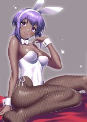 Rule 34 | 1girl, animal ears, bow, bowtie, breasts, dark-skinned female, dark skin, detached collar, fake animal ears, fate/grand order, fate/prototype, fate/prototype: fragments of blue and silver, fate (series), fishnet pantyhose, fishnets, grey background, hassan of serenity (fate), leotard, looking at viewer, medium breasts, pantyhose, playboy bunny, purple eyes, purple hair, rabbit ears, rabbit tail, short hair, simple background, sitting, solo, strapless, strapless leotard, tail, white bow, white bowtie, white leotard, wrist cuffs, zen