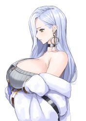 1girl bare_shoulders blue_lips breasts choker cleavage collarbone crossed_arms dress earrings eyeliner fate/grand_order fate_(series) grey_dress hair_over_one_eye highres hoop_earrings jacket jewelry kamo_ashi large_breasts long_hair long_sleeves makeup off_shoulder omi-san_(fate) solo sweater sweater_dress tassel white_hair white_jacket yellow_eyes