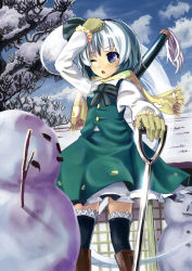 Rule 34 | 1girl, bad id, bad pixiv id, blue eyes, boots, female focus, ghost, gloves, hairband, hidebo, hitodama, konpaku youmu, konpaku youmu (ghost), one eye closed, short hair, shovel, silver hair, snow, snowman, solo, thighhighs, touhou, wink, worktool
