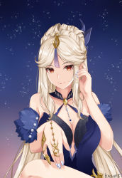 Rule 34 | 1girl, artist name, bare shoulders, blue dress, breasts, cleavage, dress, fur trim, genshin impact, hair ornament, highres, jewelry, kitsun8, large breasts, long hair, looking at viewer, nail polish, ningguang (genshin impact), ningguang (orchid&#039;s evening gown) (genshin impact), parted bangs, red eyes, smile, solo, upper body, white hair