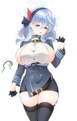 Rule 34 | 1girl, absurdres, ako (blue archive), bell, black garter straps, black gloves, black thighhighs, blue archive, blue coat, blue eyes, blue hair, blue hairband, breasts, coat, coke0502, cowbell, garter straps, gloves, hair between eyes, hairband, half gloves, halo, hand up, highres, large breasts, legs together, long hair, long sleeves, looking at viewer, neck bell, sideboob, simple background, skirt, solo, standing, thighhighs, white background