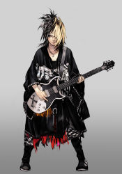 Rule 34 | 1boy, black eyes, black footwear, black hair, black nails, blonde hair, closed mouth, guitar, hair over one eye, holding, hungry clicker, instrument, jewelry, male focus, multicolored hair, musician, nail polish, necklace, pants, real life, simple background, smile, solo, standing, tonomura hisashi