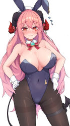 Rule 34 | 1girl, animal ears, bare arms, bare shoulders, black pantyhose, blush, boots, bow, breasts, cleavage, commentary, covered navel, curled horns, demon girl, demon horns, demon tail, detached collar, earrings, facial mark, fake animal ears, flying sweatdrops, full-face blush, gloves, hair between eyes, hair ornament, hairclip, hands on own hips, highleg, highleg leotard, highres, horns, jewelry, large breasts, legs apart, leotard, long hair, nervous, nervous smile, no bra, original, pantyhose, pink hair, playboy bunny, red bow, red eyes, simple background, smile, solo, strapless, strapless leotard, sweat, tail, thigh boots, thighs, toria (triazolamb), white background, white gloves, wrist cuffs
