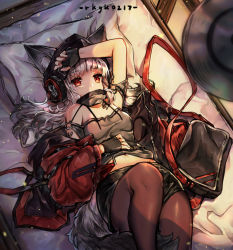 Rule 34 | 1girl, animal ear fluff, animal ears, arknights, arm up, bare shoulders, beanie, bed, black gloves, black hat, black jacket, black skirt, blurry, blurry foreground, brown pantyhose, collarbone, covered mouth, depth of field, feet out of frame, fingerless gloves, from above, frostleaf (arknights), gloves, grey hair, grey shirt, hand on own stomach, hat, headphones, implied extra ears, jacket, knee up, long hair, lying, nail polish, navel, ninjinshiru, off-shoulder shirt, off shoulder, on back, on bed, pantyhose, pillow, red eyes, red nails, shirt, skirt, solo, tail