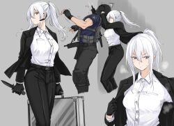 Rule 34 | 1boy, 1girl, assassination, bleeding, blood, breasts, briefcase, business suit, death, dying, earpiece, formal, fuku (fuku12290574), grey hair, gun, highres, holding, holding briefcase, holding knife, jacket, knife, medium breasts, military, open clothes, open jacket, original, pants, ponytail, suit, suitcase, walking, weapon, white hair