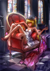 Rule 34 | 1girl, absurdres, alternate costume, bare arms, bare shoulders, blonde hair, chair, cup, dress, drinking glass, flandre scarlet, hair ribbon, hat, highres, crossed legs, myero, one eye closed, red eyes, red footwear, ribbon, shoes, side ponytail, sitting, sleeveless, sleeveless dress, smile, solo, stained glass, tile floor, tiles, touhou, white dress, window, wine glass, wings, wink