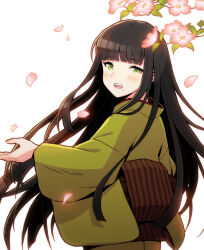 Rule 34 | 1girl, :d, black hair, blunt bangs, branch, cherry blossoms, falling petals, final fantasy, final fantasy xiv, from behind, green eyes, green kimono, japanese clothes, kimono, leaf, long hair, looking at viewer, looking back, mole, mole under mouth, nama014, obi, open mouth, petals, sash, simple background, smile, solo, standing, straight hair, upper body, white background, wide sleeves, yotsuyu goe brutus