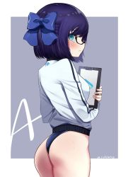 Rule 34 | 1girl, a-chan (hololive), alternate costume, ass, blue background, blue eyes, blue hair, blue one-piece swimsuit, blush, border, bow, breasts, character name, clipboard, cowboy shot, glasses, hair bow, highres, hiroikara (smhong04), holding, holding clipboard, hololive, jacket, logo, looking at viewer, medium breasts, no pants, one-piece swimsuit, solo, sweatdrop, swimsuit, swimsuit under clothes, thighs, track jacket, twitter username, virtual youtuber, wedgie, white border, white jacket