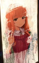 Rule 34 | 1girl, against glass, bad id, bad twitter id, blunt bangs, book, brown eyes, closed mouth, collared shirt, commentary request, from outside, holding, holding book, indoors, long hair, looking at viewer, miruto netsuki, one side up, orange hair, ribbed sweater, shirt, smile, solo, sweater, upper body, window