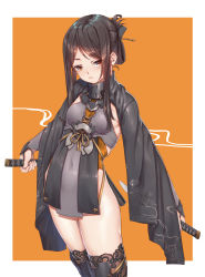 Rule 34 | 1girl, black hair, black thighhighs, blush, breasts, brown eyes, closed mouth, cowboy shot, dagger, fangxiang cuoluan, folded ponytail, highres, holding, holding sword, holding weapon, knife, long sleeves, orange background, original, sidelocks, small breasts, solo, sword, thick eyebrows, thighhighs, thighs, unsheathed, weapon, wide sleeves