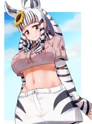 Rule 34 | 1girl, ahoge, akaisuto, animal ears, animal print, arms at sides, blue sky, blunt bangs, border, breast pocket, breasts, buttons, closed mouth, cowboy shot, crop top, crop top overhang, cropped shirt, dutch angle, extra ears, flower, hair flower, hair ornament, highres, kemono friends, large breasts, layered sleeves, long hair, long sleeves, looking at viewer, midriff, miniskirt, mountain zebra (kemono friends), multicolored hair, navel, no bra, pantyhose, pocket, print neckwear, print pantyhose, print scarf, print skirt, print sleeves, scarf, short over long sleeves, short sleeves, sidelocks, skirt, sky, sleeves past wrists, smile, solo, stomach, streaked hair, sunflower, sunflower hair ornament, two-tone hair, underboob, upshirt, zebra ears, zebra print