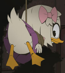 Rule 34 | 1girl, bird, bound, bow, closed mouth, duck, ducktales, full body, furry, furry female, hair bow, haruyama kazunori, looking at viewer, medium hair, pleated skirt, purple skirt, skirt, solo, tail, tied up (nonsexual), webby vanderquack, white hair