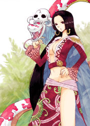 Rule 34 | 1girl, amazon lily, amazon warrior, black hair, boa hancock, breasts, cleavage, earrings, eeyasu, female focus, groin, hand on own hip, hip focus, jacket, jacket on shoulders, jewelry, large breasts, long hair, long skirt, midriff, one piece, pirate, salome (one piece), sash, side slit, skirt, skull, snake, standing