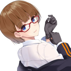 Rule 34 | 1girl, adjusting clothes, adjusting gloves, black bra, black gloves, black jacket, blue eyes, blunt bangs, bra, bra strap, breasts, brown hair, closed mouth, collared shirt, commentary request, from behind, glasses, gloves, huyumitsu, jacket, lips, looking at viewer, looking back, medium breasts, red-framed eyewear, removing jacket, see-through, shirt, short hair, smile, solo, somei hana, underwear, upper body, white background, white shirt, world trigger