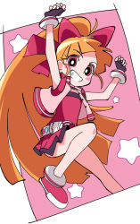 Rule 34 | 1girl, akazutsumi momoko, arms up, black gloves, blush stickers, bow, commentary request, fingerless gloves, gloves, grin, hair bow, hyper blossom, ixy, legs, long hair, looking at viewer, orange hair, pink background, ponytail, powerpuff girls z, red bow, red eyes, red footwear, red skirt, shoes, simple background, skirt, smile, solo, teeth, two-tone background, very long hair, white background