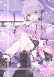 Rule 34 | 1girl, absurdres, choker, finger to mouth, highres, konpe itou, lock, monitor, original, purple eyes, purple hair, sitting, solo, thigh strap