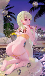 Rule 34 | 1girl, arched back, ass, azur lane, back, bad id, bad pixiv id, bare arms, bare shoulders, barefoot, bikini, bikini pull, blonde hair, breasts, bubble, cirilla lin, clothes pull, earrings, feet, from behind, giuseppe garibaldi (azur lane), gradient hair, highres, hoop earrings, innertube, jewelry, long hair, looking at viewer, looking back, medium breasts, multicolored hair, night, official alternate costume, outdoors, parted lips, pool, red eyes, skindentation, soles, solo, swim ring, swimsuit, thighs, toes, water, yellow bikini