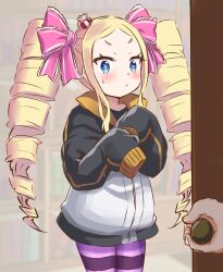 Rule 34 | 1girl, :&lt;, beatrice (re:zero), blonde hair, blue eyes, blush, butterfly-shaped pupils, commentary request, cosplay, crown, door, drill hair, embarrassed, hair ribbon, indoors, long hair, looking at viewer, mini crown, natsuki subaru, natsuki subaru (cosplay), open door, pantyhose, pink ribbon, re:zero kara hajimeru isekai seikatsu, ribbon, s (hdru2332), sidelocks, striped clothes, striped pantyhose, sweatdrop, symbol-shaped pupils, track suit, twin drills, very long hair