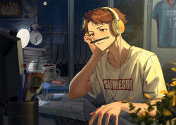 Rule 34 | 1boy, book, book stack, brown eyes, brown hair, clock, coffee cup, commentary, computer, cup, desk, disposable cup, english commentary, haikyuu!!, headphones, hq yunak, indoors, leaf, male focus, oikawa tooru (haikyuu!!), parted lips, pencil, plant, shirt, short hair, sitting, solo, sportswear, starbucks, t-shirt, upper body, volleyball uniform, white shirt