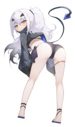 Rule 34 | 1girl, absurdres, ass, bent over, bikini, black bikini, black jacket, breasts, cropped jacket, dragon wings, fate/grand order, fate (series), female focus, forked eyebrows, from behind, full body, high ponytail, highres, hongshi (13234456009), jacket, long hair, long sleeves, looking at viewer, looking back, mask, mask pull, melusine (fate), melusine (swimsuit ruler) (fate), melusine (swimsuit ruler) (first ascension) (fate), mouth mask, sandals, shrug (clothing), sidelocks, small breasts, solo, swimsuit, tail, thighlet, white hair, wings, yellow eyes