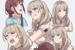 Rule 34 | 2girls, absurdres, blue eyes, blue shirt, blush, brown hair, brown shirt, clenched teeth, closed mouth, commentary, crying, crying with eyes open, earclip, fafayu, girls band cry, grey background, grey eyes, highres, iseri nina, kawaragi momoka, light brown hair, long hair, low twintails, multicolored hair, multiple girls, multiple views, open mouth, roots (hair), seatbelt, shirt, short hair, short sleeves, short twintails, sidelocks, simple background, single off shoulder, symbol-only commentary, tears, teeth, twintails, upper teeth only