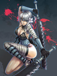 Rule 34 | 1girl, bandages, belt, bliko, blue eyes, bow, braid, breasts, bulge, dual wielding, elbow gloves, flower, frills, futanari, gloves, hair ornament, high heels, holding, kaine (nier), large breasts, lingerie, long legs, mouth hold, negligee, nier, nier (series), panties, ribbon, shoes, short hair, solo, sword, thigh strap, thighhighs, underwear, weapon, white hair, white panties