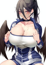 Rule 34 | 1girl, :o, absurdres, black choker, black hair, black wings, blue archive, blue background, blush, breasts, choker, cleavage, collarbone, commentary request, hair between eyes, hasumi (blue archive), hasumi (track) (blue archive), highres, huge breasts, jacket, long hair, looking at viewer, namazu (yamasonson), ponytail, red eyes, simple background, sitting, solo, sweat, thighs, track jacket, wings, zipper