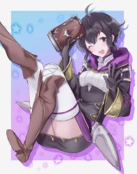 Rule 34 | 1girl, aiueo1234853, bad id, bad twitter id, black gloves, black hair, book, boots, brown footwear, dress, fire emblem, fire emblem awakening, fire emblem heroes, gloves, highres, holding, holding book, hood, hood down, knee boots, long sleeves, morgan (female) (fire emblem), morgan (fire emblem), nintendo, one eye closed, open mouth, purple eyes, short dress, short hair, solo, star (symbol), thighhighs, white thighhighs