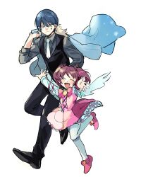 Rule 34 | 1boy, 1girl, age difference, black footwear, black pants, black vest, blue coat, blue hair, blue necktie, closed eyes, closed mouth, coat, coat on shoulders, collared shirt, commentary request, dress, e.g.o (project moon), employee (project moon), frilled dress, frills, grey eyes, grey shirt, hair ribbon, height difference, lobotomy corporation, long bangs, long sleeves, medu (rubish), neck ribbon, necktie, open mouth, pants, pantyhose, pink dress, pink footwear, pink ribbon, project moon, red ribbon, ribbon, shirt, short hair, short twintails, simple background, sketch, smile, twintails, vest, white background, white pantyhose, white shirt