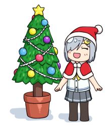 Rule 34 | 1girl, black pantyhose, capelet, chibi, christmas tree, closed eyes, commentary request, fur-trimmed capelet, fur-trimmed headwear, fur trim, grey skirt, hair ornament, hair over one eye, hairclip, hama! (3toshinhmkz), hamakaze (kancolle), hat, kantai collection, neckerchief, pantyhose, plant, pleated skirt, potted plant, red capelet, red hat, santa hat, school uniform, serafuku, short hair, silver hair, simple background, skirt, smile, solo, standing, white background, yellow neckerchief