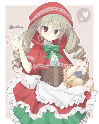 Rule 34 | 10s, 1girl, anchovy (girls und panzer), apron, bad id, bad twitter id, basket, bottle, bow, bread, capelet, closed mouth, commentary, commentary request, corset, cosplay, cowboy shot, dress, drill hair, food, frilled apron, frills, getsumen suibaku ver. a(c), girls und panzer, green bow, green hair, heart, highres, holding, hood, hood up, layered dress, little red riding hood, little red riding hood (grimm), little red riding hood (grimm) (cosplay), long hair, looking at viewer, medium dress, multicolored clothes, multicolored dress, picnic basket, red capelet, red eyes, red hood, smile, solo, spoken heart, standing, twin drills, twintails, twitter username, waist apron, waving, white apron, wine bottle