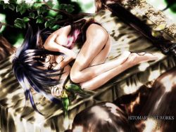Rule 34 | 1girl, barefoot, bird, blue hair, breasts, feet, female focus, fetal position, from above, full body, glasses, hitomaru, looking at viewer, lying, nature, outdoors, pointy ears, sideboob, solo, tree